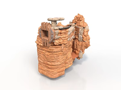 3D Earthy Textured Layered Rock Formation With Stone Platform And Wooden Accents 3d model