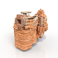 3D Earthy Textured Layered Rock Formation With Stone Platform And Wooden Accents