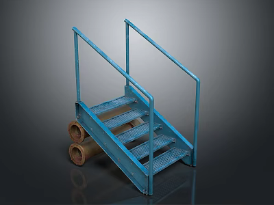 Blue Metal Stairs With Handrail Grated Steps And Brown Pipes Structure 3d model