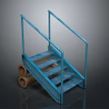 Blue Metal Stairs With Handrail Grated Steps And Brown Pipes Structure