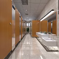 Public Restroom Interior With Blue Chair Bookshelf Wooden Door Umbrella Stand Tiled Walls And Signs