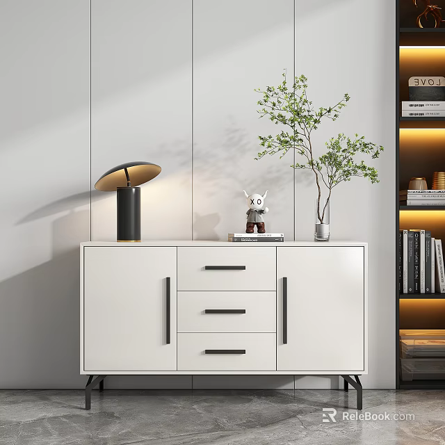 White Sideboard With Cabinet And Drawers Table Lamp Green Plant Decorative Figurine Lit Bookshelf 3d model 