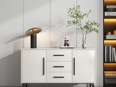 White Sideboard With Cabinet And Drawers Table Lamp Green Plant Decorative Figurine Lit Bookshelf 3d model