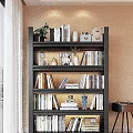 Black Layered Shelf With Books Decorations Green Plants Photo Frames And Ornaments Against Light Brown Wall