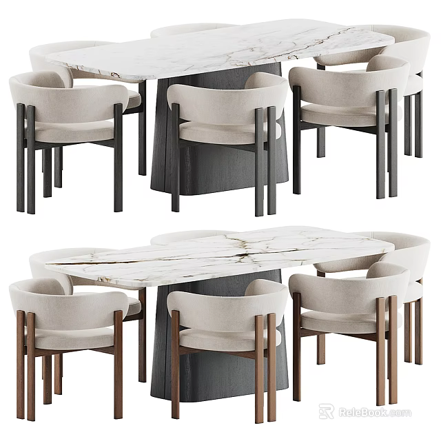 Modern Dining Table And Chairs Set With Marble Top And Upholstered Seats 3d model 