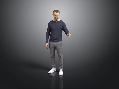 Man wearing dark blue long sleeve shirt gray pants white shoes with right hand extended 3d model