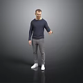 Man wearing dark blue long sleeve shirt gray pants white shoes with right hand extended