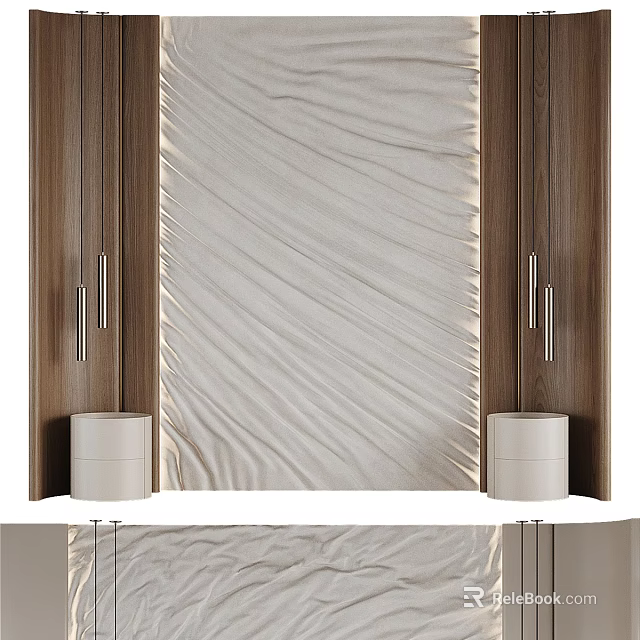 Elegant Bed Background Wall With Soft Beige Fabric Texture And Wooden Panels 3d model