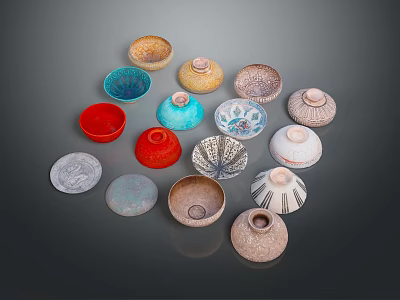 Household Ceramic Bowls And Dishes In Various Colors With Decorative Patterns 3d model