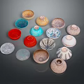Household Ceramic Bowls And Dishes In Various Colors With Decorative Patterns