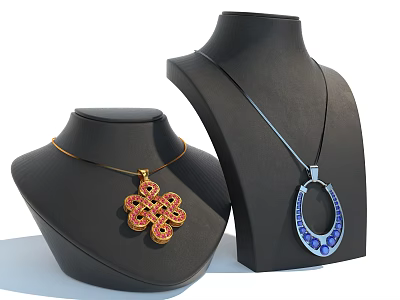 Golden Red Chinese Knot And Silver Blue Pattern Pendant Necklaces On Black Mannequin 3d model