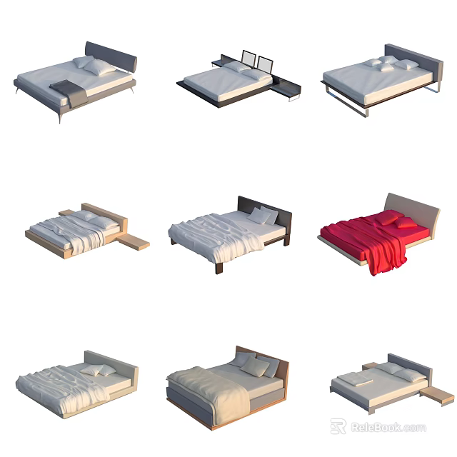 Modern Double Bed Collection With Various Headboard Designs And Bed Linens 3d model 