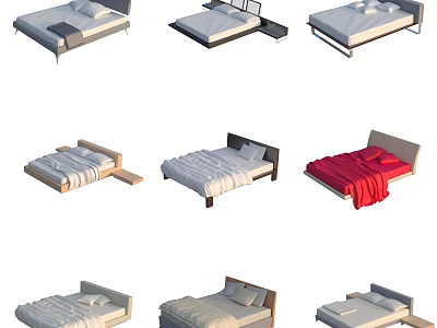 Modern Double Bed Collection With Various Headboard Designs And Bed Linens 3d model