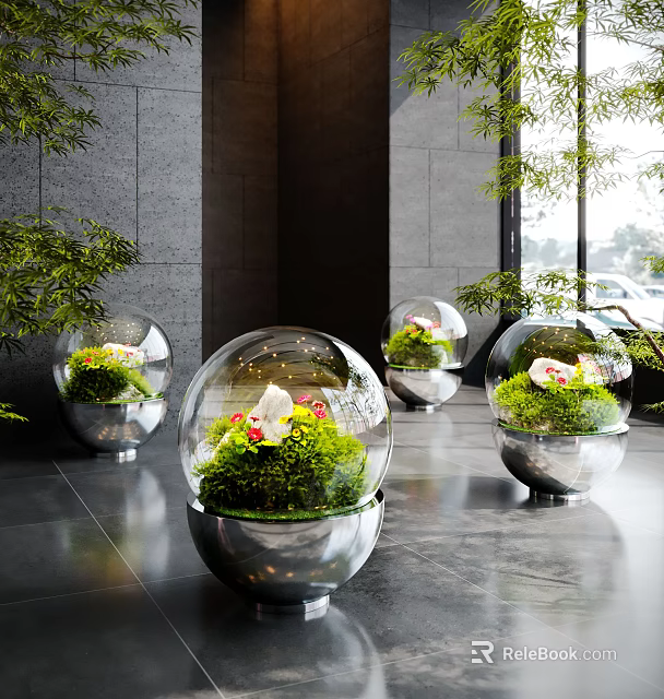 Elegant Indoor Landscape With Glass Spherical Planters Green Plants And Flowers 3d model 