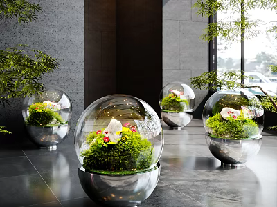 Elegant Indoor Landscape With Glass Spherical Planters Green Plants And Flowers 3d model