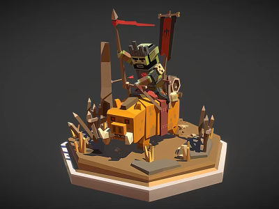 Low Poly Decorative Ornament Set With Knight On Horse And Spiked Banners 3d model