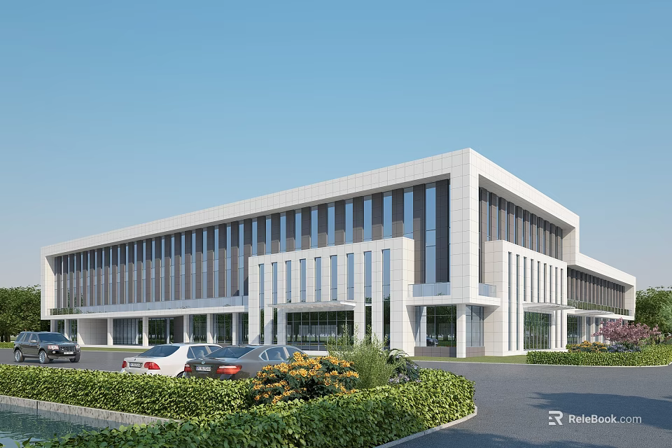 Modern White Office Building Exterior With Glass Windows Landscaped Greenery And Parking Area 3d model 