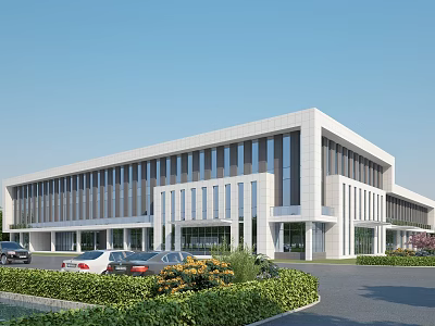 Modern White Office Building Exterior With Glass Windows Landscaped Greenery And Parking Area 3d model