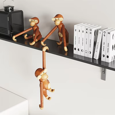 Wooden Monkey Dolls on Black Shelf with White File Folders and Sitting Hanging Poses 3d model