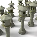 Traditional Garden Landscape With Various Stone Lanterns For Outdoor Decoration