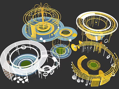 Colorful Garden Landscape Design With Circular Structures And Decorative Elements 3d model