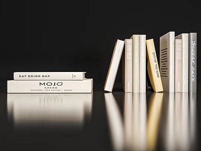 Books Collection Stacked EAT DRINK MAP MOJO And Standing White Gold Books On Black Surface 3d model