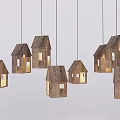 Small House Shaped Wooden Pendant Lights Hanging With Illuminated Warm Interiors
