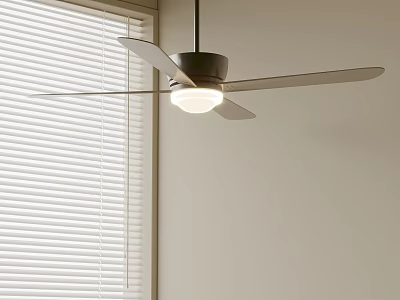 Modern Ceiling Fan Light Fixture Hanging Over Window With White Horizontal Blinds 3d model