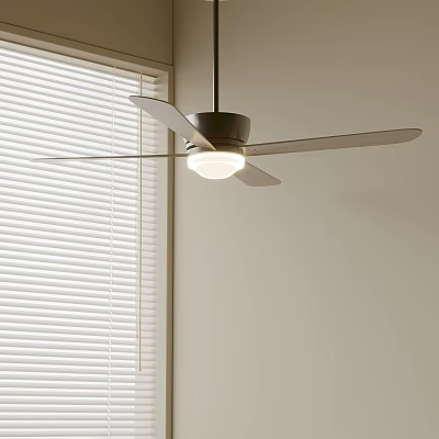 Modern Ceiling Fan Light Fixture Hanging Over Window With White Horizontal Blinds 3d model