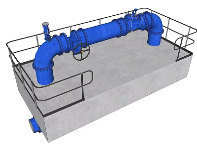 Blue Industrial Pipes Installation With Valve Metal Guardrails And Concrete Platform 3d model