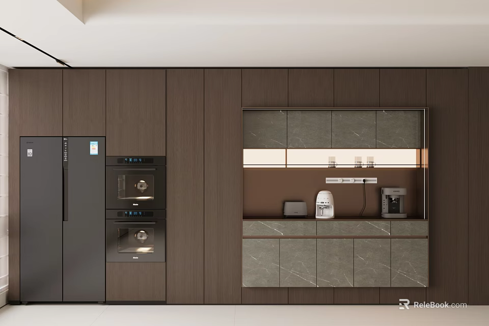 Modern Kitchen Interior Integrated Dark Wooden Sideboard With Marble Countertop And Appliances 3d model 