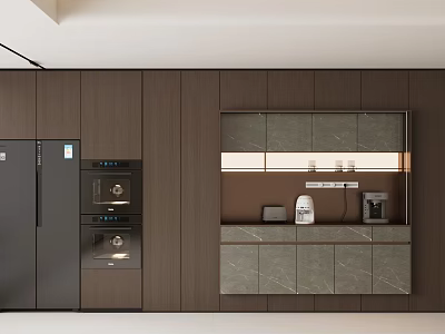 Modern Kitchen Interior Integrated Dark Wooden Sideboard With Marble Countertop And Appliances 3d model