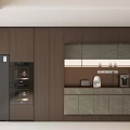 Modern Kitchen Interior Integrated Dark Wooden Sideboard With Marble Countertop And Appliances