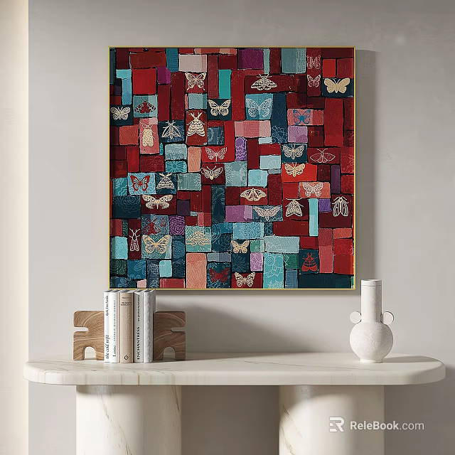 Vibrant Square Wall Decor With Butterfly Patterns Above Marble Table And Books 3d model
