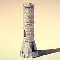 Stone Tower With Crenellated Top Small Arched Window And Rugged Base Against Orange Yellow Sky