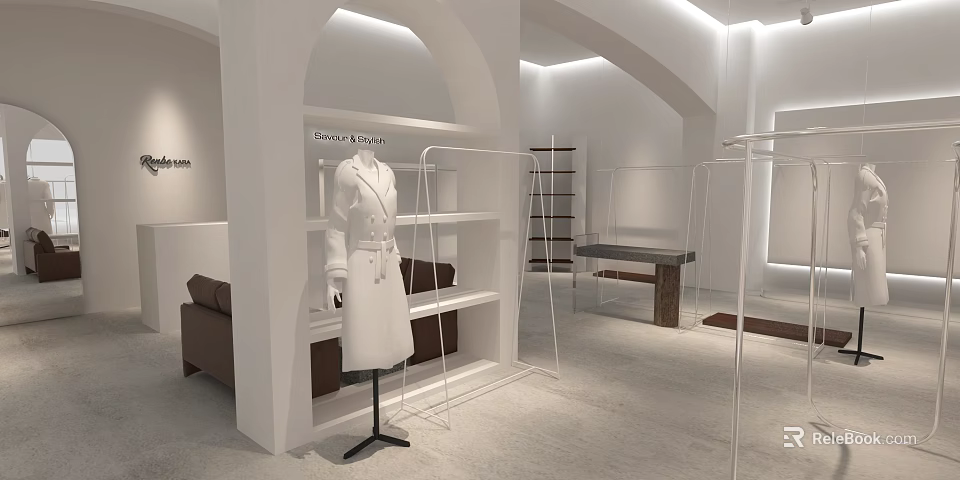 Modern Clothing Store Interior With White Display Racks Mannequin In Trench Coat And Sofa 3d model 