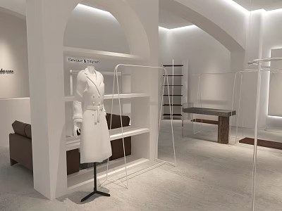 Modern Clothing Store Interior With White Display Racks Mannequin In Trench Coat And Sofa 3d model