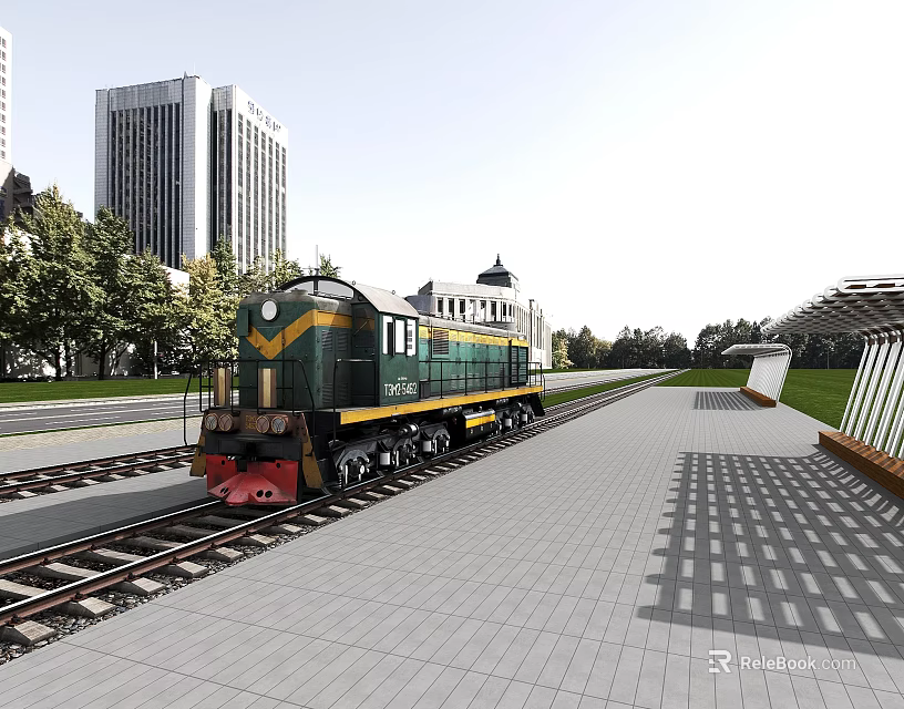 Green Train With Yellow Stripes At Urban Station Platform Near Tall Buildings And Trees 3d model 