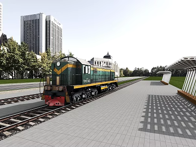 Green Train With Yellow Stripes At Urban Station Platform Near Tall Buildings And Trees 3d model