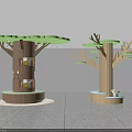 Tree Shaped Wooden Columns with Green Canopy Bookshelves and Branch Structures in Creative Interior Design