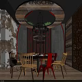 Elegant Restaurant Interior Featuring Spiral Ceiling Red Chairs Round Tables Wooden Stone Walls
