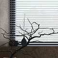 Rustic Tea Table And Chairs With Dry Branch Vases By Window Blinds And Rough Wall