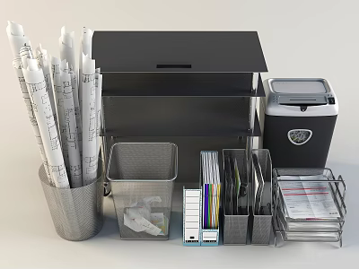 Office Desk Organization Supplies Including File Holders Pen Holder And Shredder 3d model