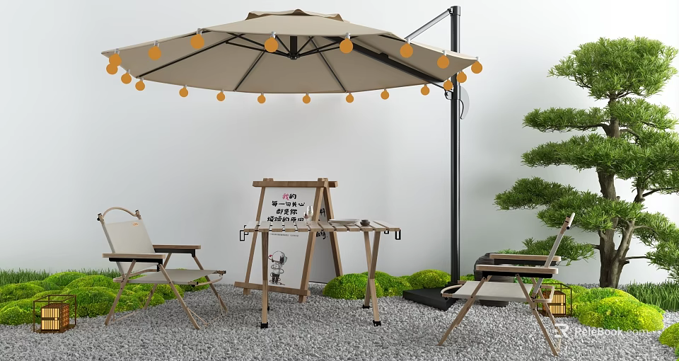 Outdoor Patio Table With Umbrella String Lights Comfortable Chairs And Green Plants 3d model 