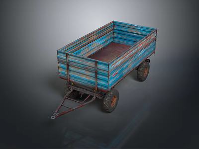 Vintage Blue Striped Trailer With Rustic Bed And Worn Metal Wheels 3d model