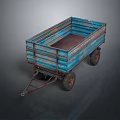 Vintage Blue Striped Trailer With Rustic Bed And Worn Metal Wheels