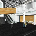 People Standing In Modern Indoor Space With Tiled Floor And Wooden Ceiling