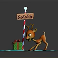 Little Reindeer By North Pole Sign With Red White Striped Pole And Gift Box On Snow