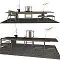 Minimalist Wooden Tea Table And Chairs With Tea Set And Potted Plant