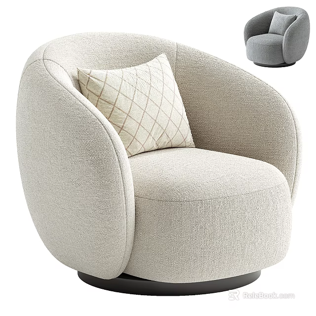 Modern Beige Fabric Single Seater Sofa With Checkered Pillow And Rounded Design 3d model 